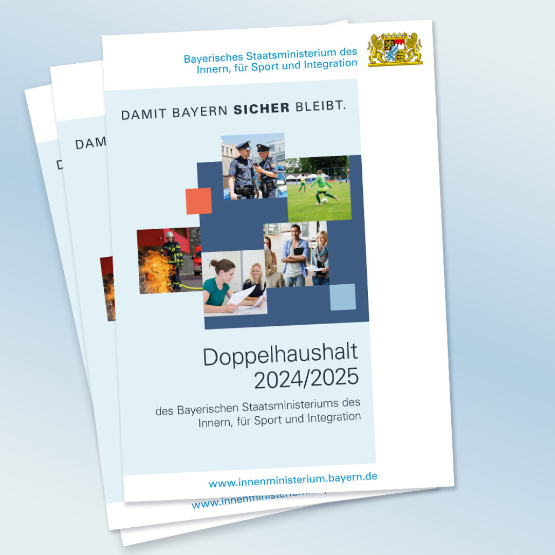 Grafik von Broschüren "Doppelhaushalt 2024/2025 des Bayerischen Innenministeriums"