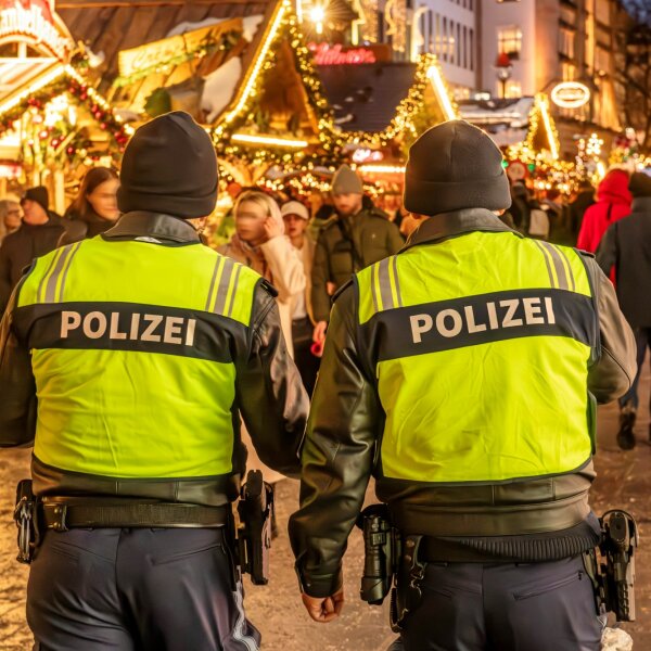 Polizeistreife auf dem Christkindlmarkt am Marienplatz und Kaufingerstraße, Polizisten zeigen Präsenz, uniformierte Streifen verbessern die Sicherheit, zeigen Wachsamkeit, weihnachtlich dekorierten Fußgängerzone, festlicher Lichterglanz, Geschäfte