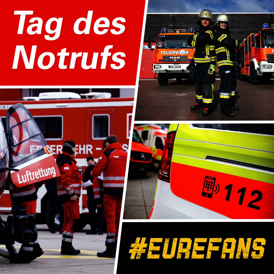 Collage mit Fotos von Feuerwehr, Luftrettung und Notrufnummer 112 sowie dem Motto #EureFans